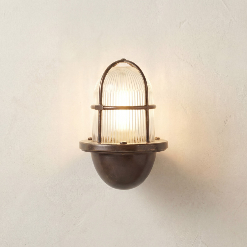Photograph: Navigator Armada Antique Brass Wall Lantern Complete With Ribbed Clear Glass - IP64, Solid Brass, Coastal
