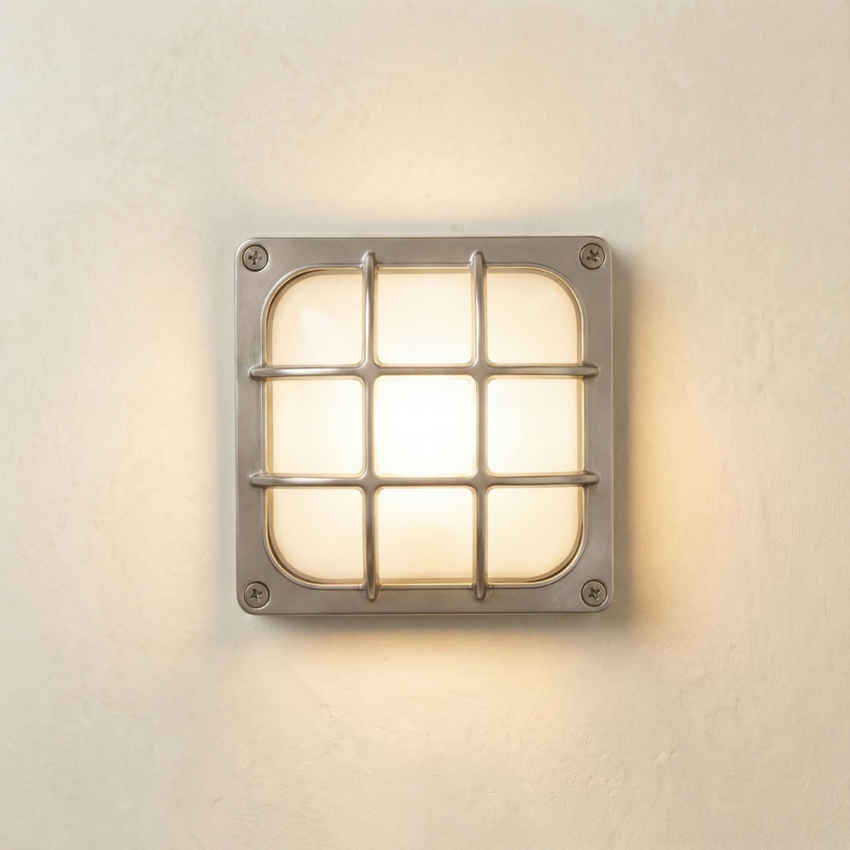 Photograph: Navigator Francis Satin Nickel Square Wall Light - IP64, Solid Brass, Coastal