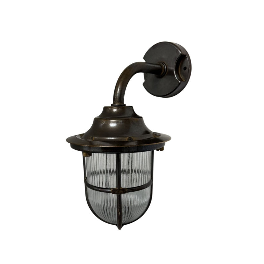 Photograph: Navigator Guard Quinn Antique Brass Downward Facing Swan Neck Wall Lantern Light With Clear Ribbed Glass - IP64, Solid Brass, Coastal