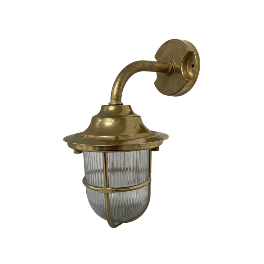 Photograph: Navigator Guard Quinn Raw Brass Downward Facing Swan Neck Wall Lantern Light With Clear Ribbed Glass - IP64, Solid Brass, Coastal