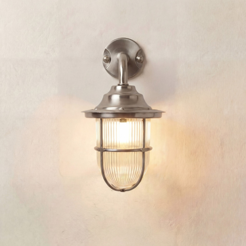 Photograph: Navigator Guard Quinn Satin Nickel Downward Facing Swan Neck Wall Lantern Light With Clear Ribbed Glass - IP64, Solid Brass, Caostal