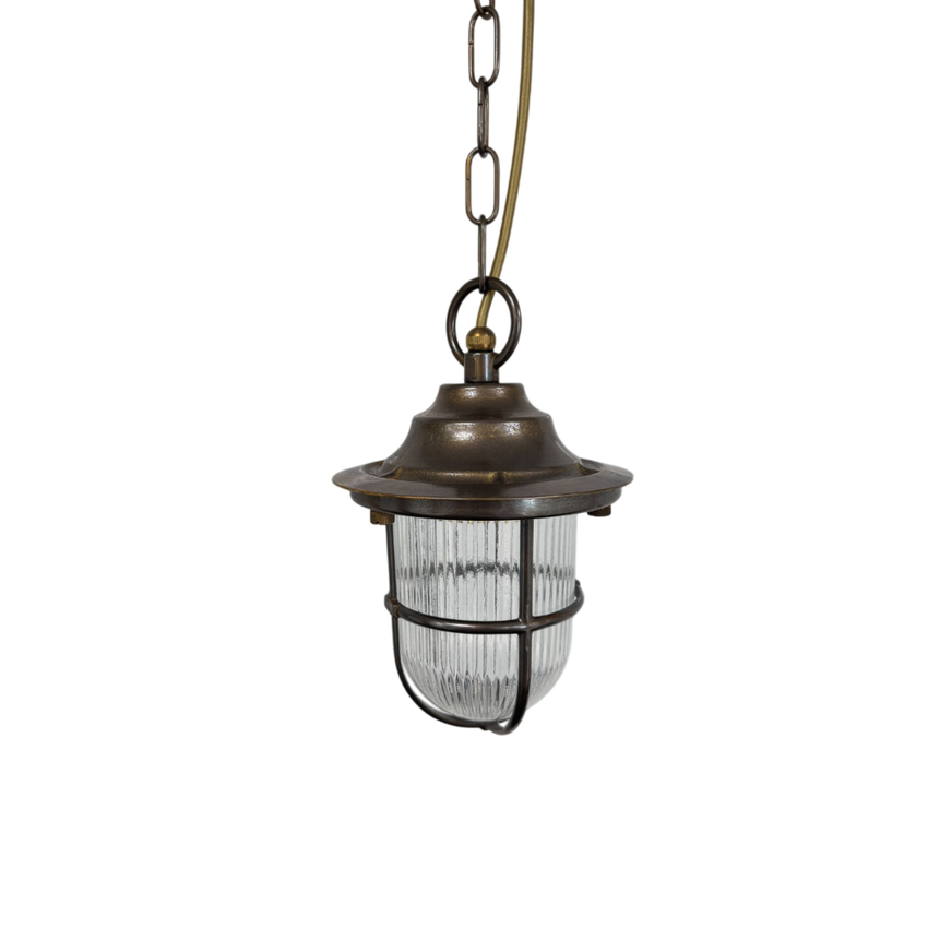 Photograph: Navigator Hull Guard Antique Brass Chain Lantern With Cage Detailing Complete With Clear Ribbed Glass - IP54, Solid Brass, Coastal