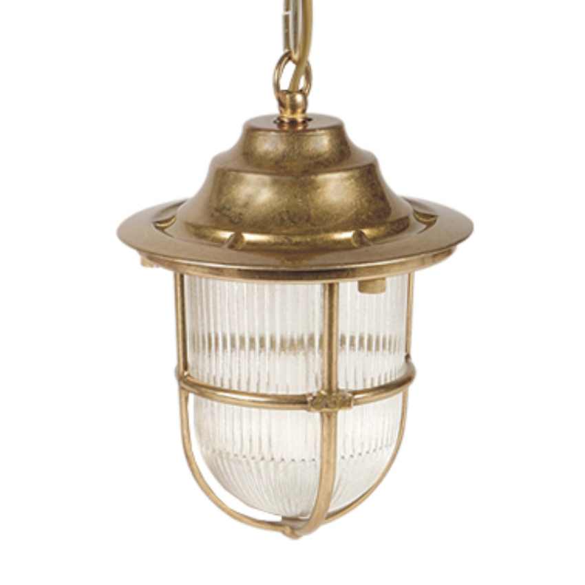 Photograph: Navigator Hull Guard Raw Brass Chain Lantern With Cage Detailing Complete With Clear Ribbed Glass - IP54, Solid Brass, Coastal