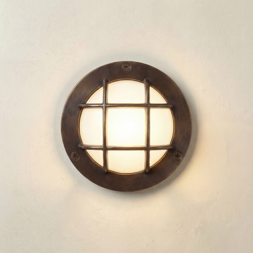 Photograph: Navigator Marina Guard Antique Brass Circular Bulkhead - IP64, Solid Brass, Coastal