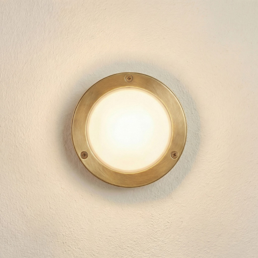 Photograph: Navigator Marina Raw Brass Circular Bulkhead - IP64, Solid Brass, Coastal