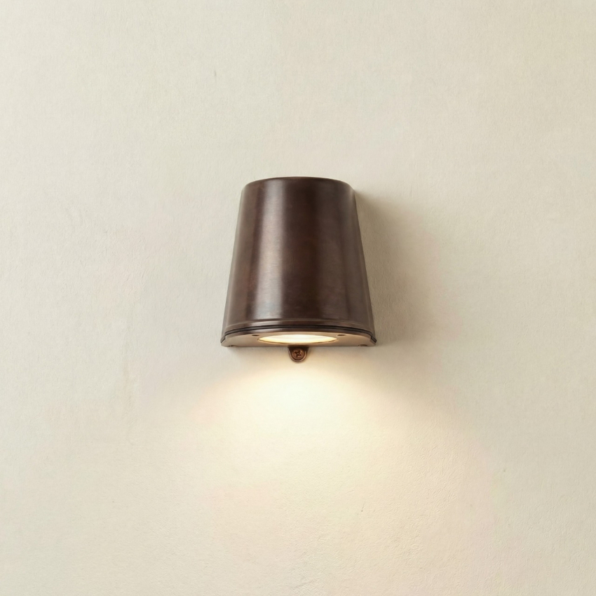 Photograph: Navigator Mast Antique Brass Downward Exterior Wall Light - IP65, Solid Brass, Coastal