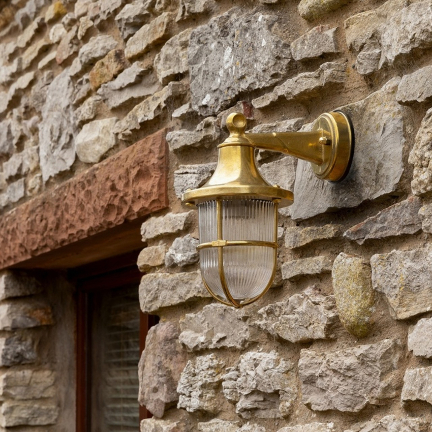 Photograph: Navigator Tiller Raw Brass Downard Facing Wall Light With Clear Ribbed Glass - IP64, Solid Brass, Coastal