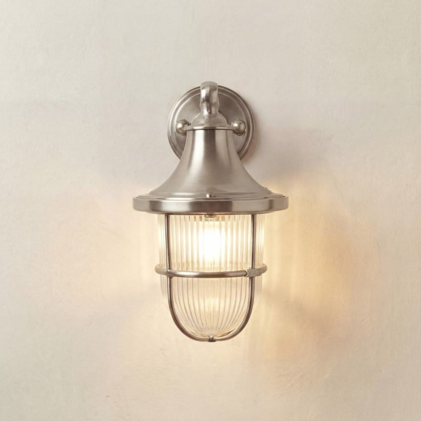 Photograph: Navigator Tiller Satin Nickel Downard Facing Wall Light With Clear Ribbed Glass - IP64, Solid Brass, Coastal