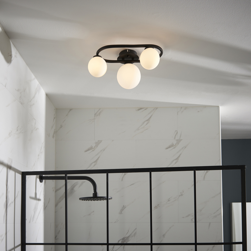 Photograph: PUL/3SF Matt Black Flush Ceiling Light Complete With Opal Globes - IP44