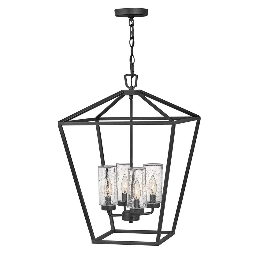 Photograph: Quintiesse Alford Place 4 Light Outdoor Pendant In Black Complete With Clear Seeded Glasses - QN-ALFORD-PLACE-4P-MB