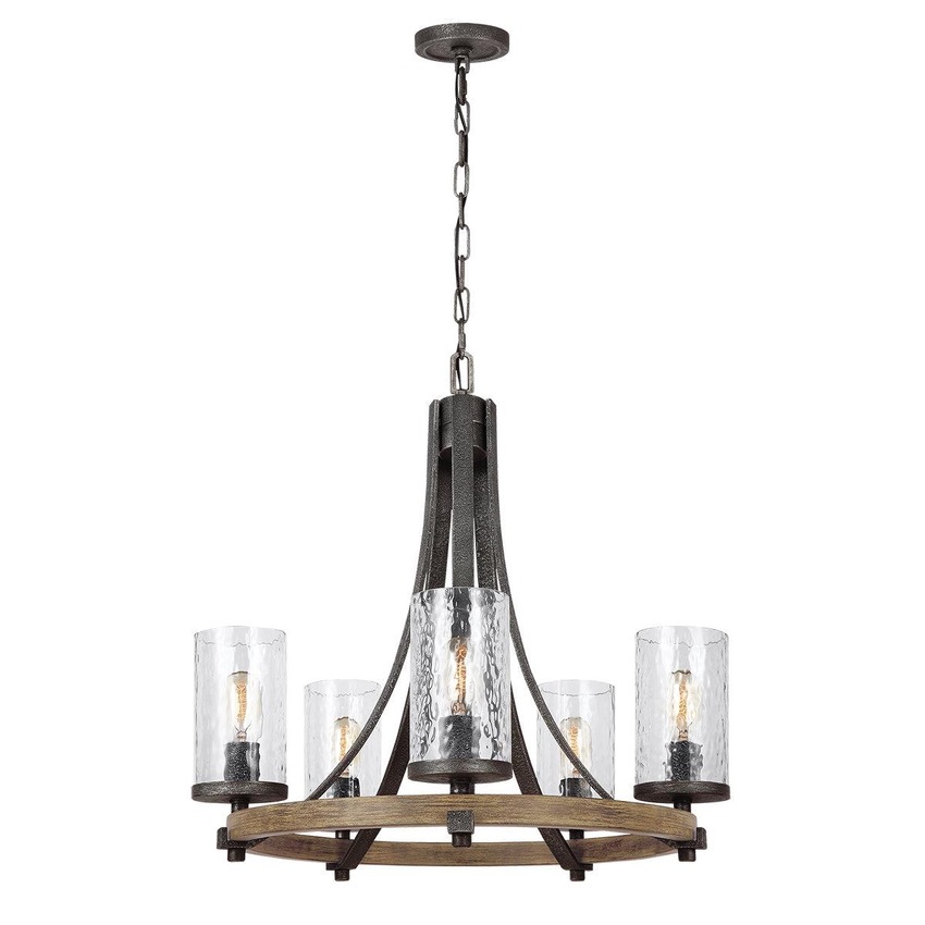 Photograph: Quintiesse Angelo 5 Light Chandelier In Distressed Weathered Oak And Slate Metal Grey Complete With Cylindrical Clear Wavy Glasses - QN-ANGELO5