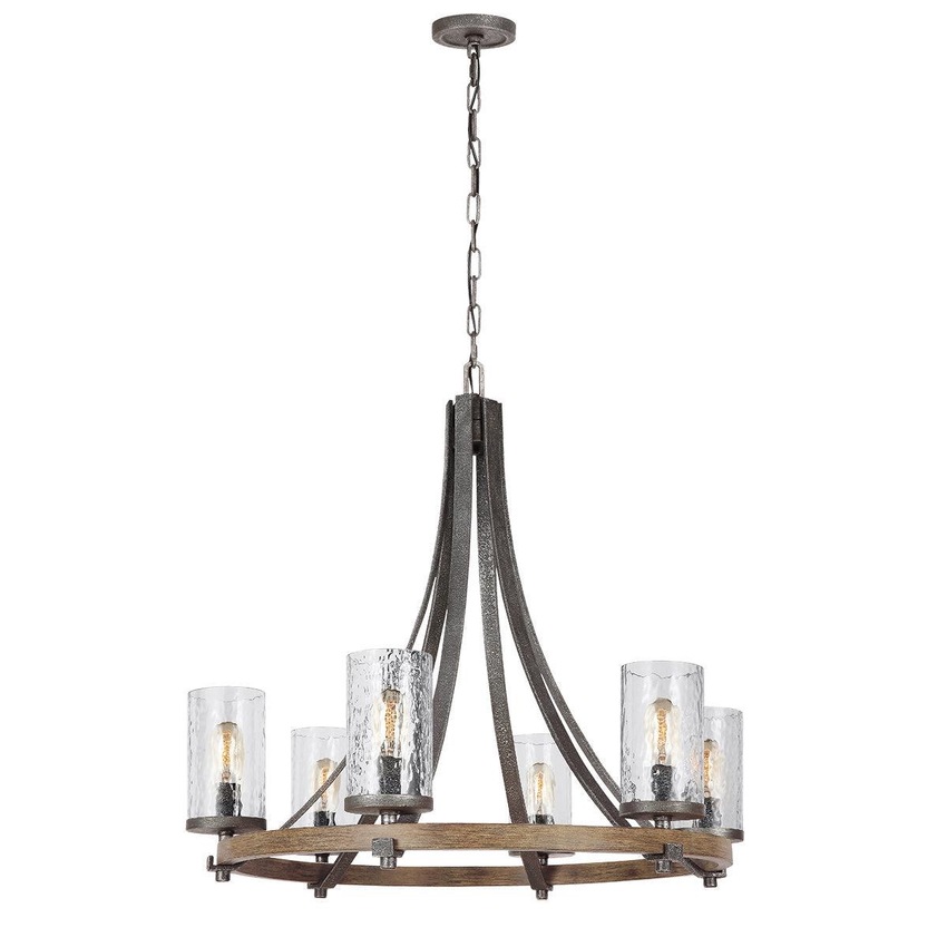 Photograph: Quintiesse Angelo 6 Light Chandelier In Distressed Weathered Oak And Slate Metal Grey Complete With Cylindrical Clear Wavy Glasses - QN-ANGELO6