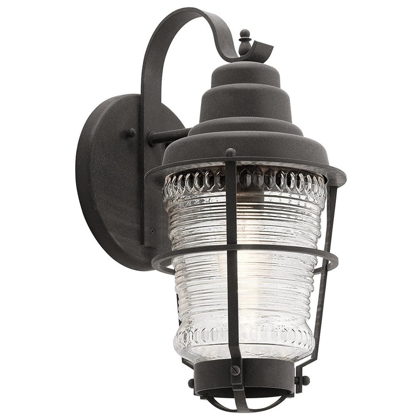 Photograph: Quintiesse Chance Harbor Medium 1 Light Oudoor Wall Lantern Light In Weathered Zinc Complete WIth Clear Ribbed Glass - IP44 - QN-CHANCE-HARBOR-M