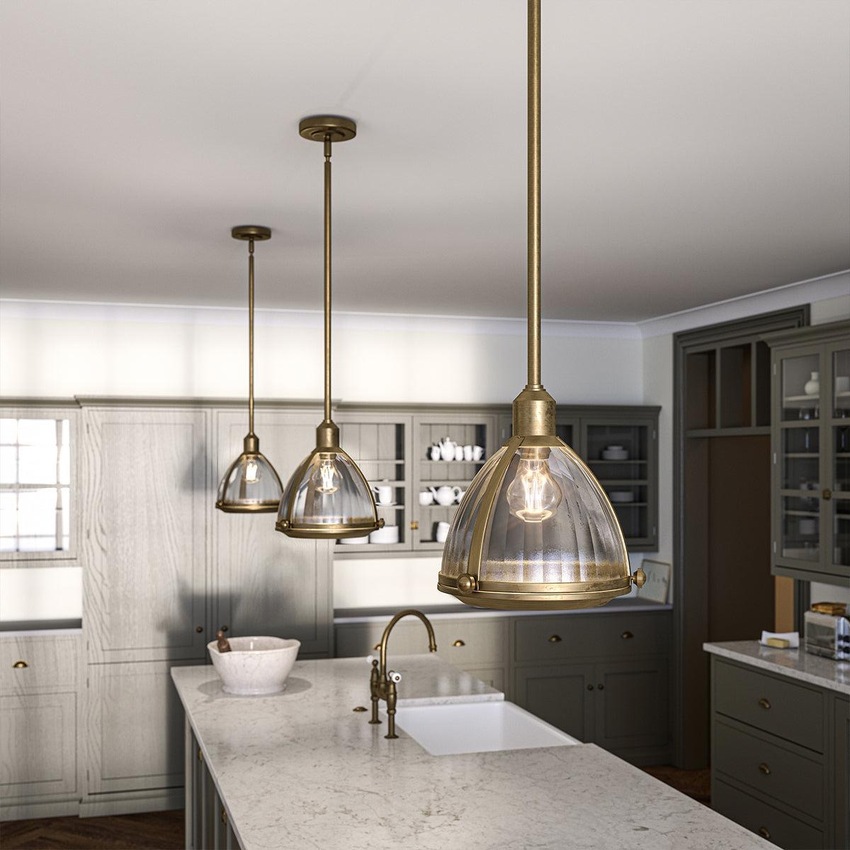 Photograph: Quintiesse Elroy 1 Light Pendant In Heritage Brass Finish Complete With Clear Ribbed Glass - QN-ELROY-HB