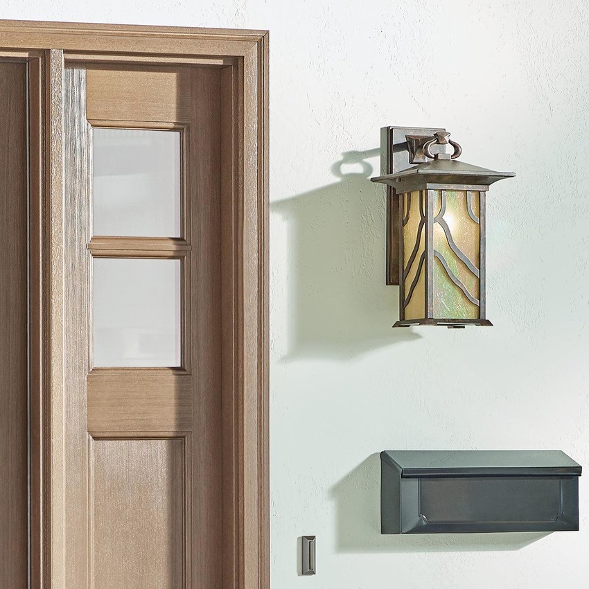 Photograph: Quintiesse Morris Large 1 Light Outdoor Wall Lantern In Distressed Copper Finish Complete WIth iridized Seeded Glass - IP44 - QN-MORRIS-L