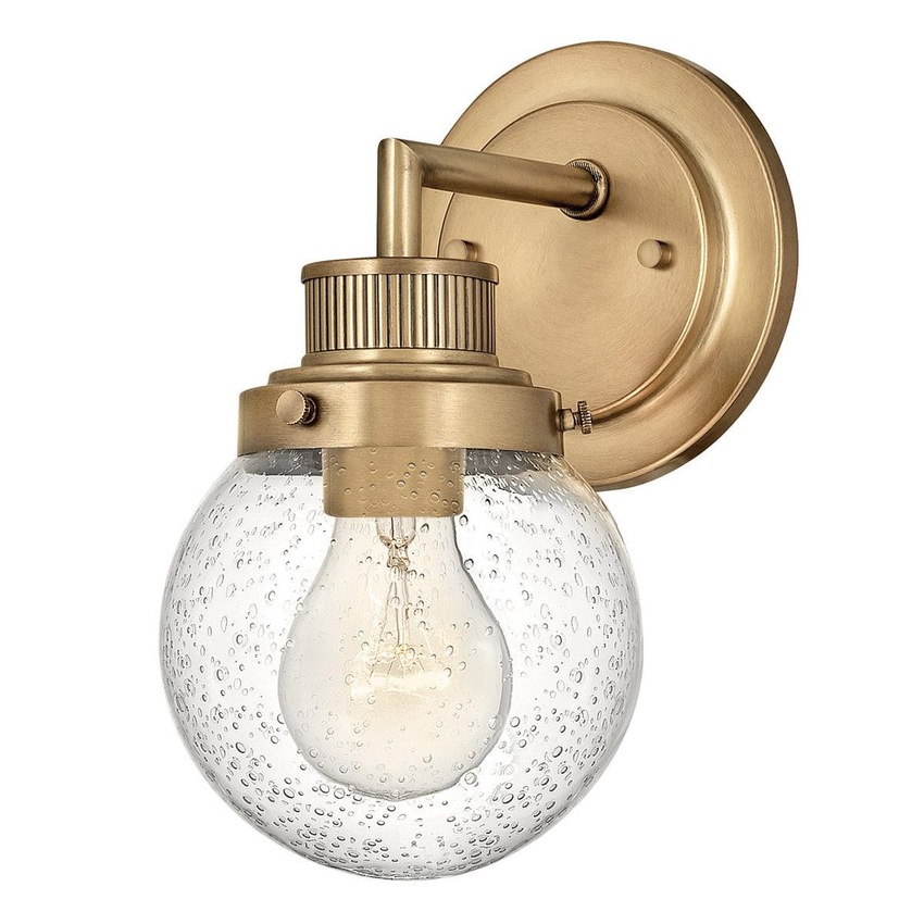 Photograph: Quintiesse Poppy 1 Light Heritage Brass Finish Bathroom Wall Light Complete With Clear Round Seeded Glass - IP44 - QN-POPPY1-HB-BATH