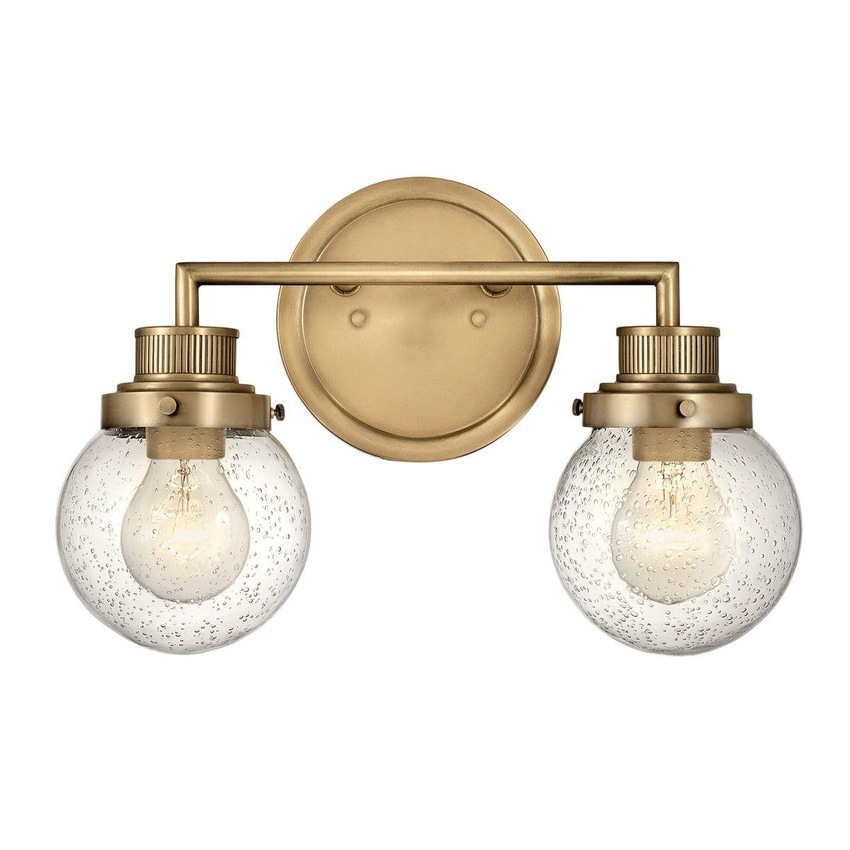 Photograph: Quintiesse Poppy 2 Light Heritage Brass Finish Bathroom Wall Light Complete With Clear Round Seeded Glasses - IP44 - QN-POPPY2-HB-BATH