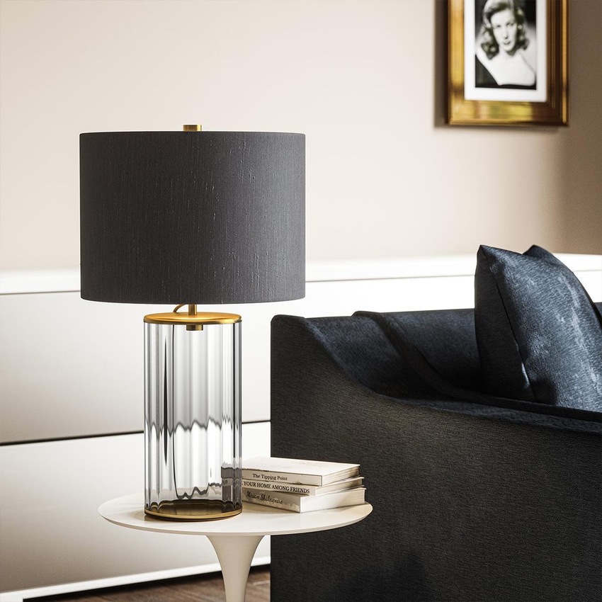 Photograph: Quintiesse Reno Smoke Glass Table Lamp Complete With Aged Brass Metalwork And Cream Faux Silk Shade With Gold Metallic Inner - QN-RENO-SMOKE-AB