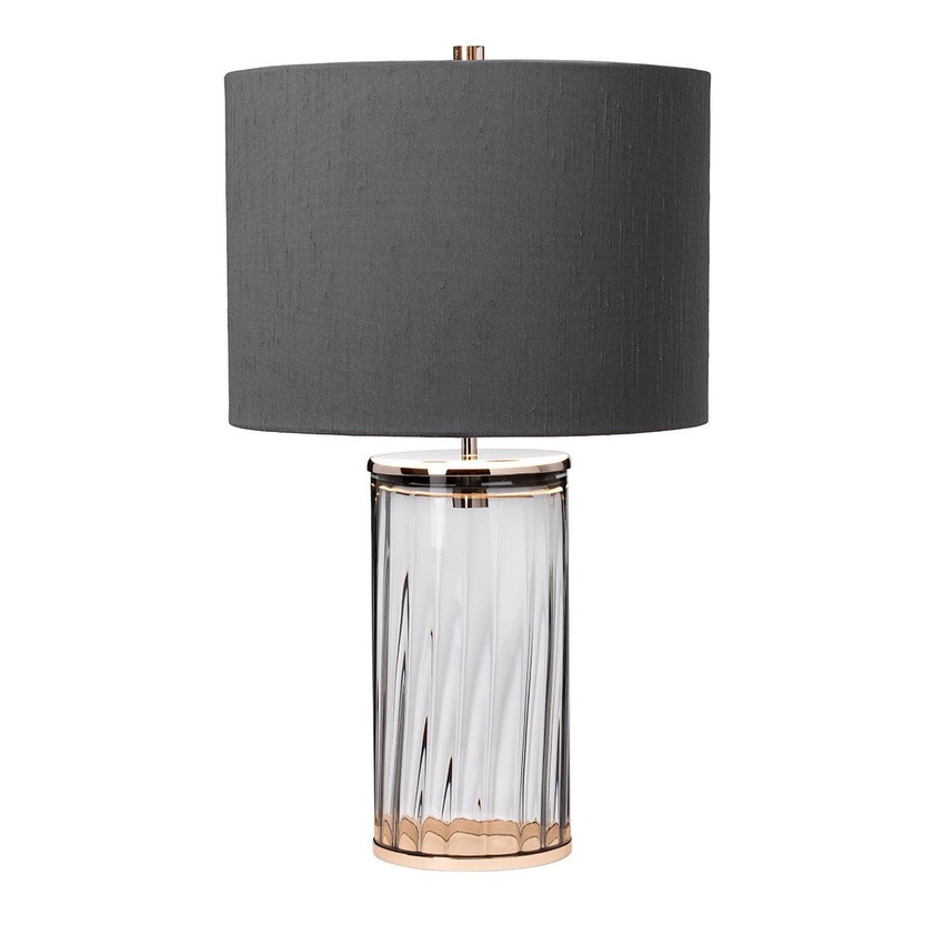 Photograph: Quintiesse Reno Smoke Glass Table Lamp Complete With Polished Nickel Metalwork And Grey Faux Silk Shade With Silver Metallic Inner - QN-RENO-SMOKE-PN