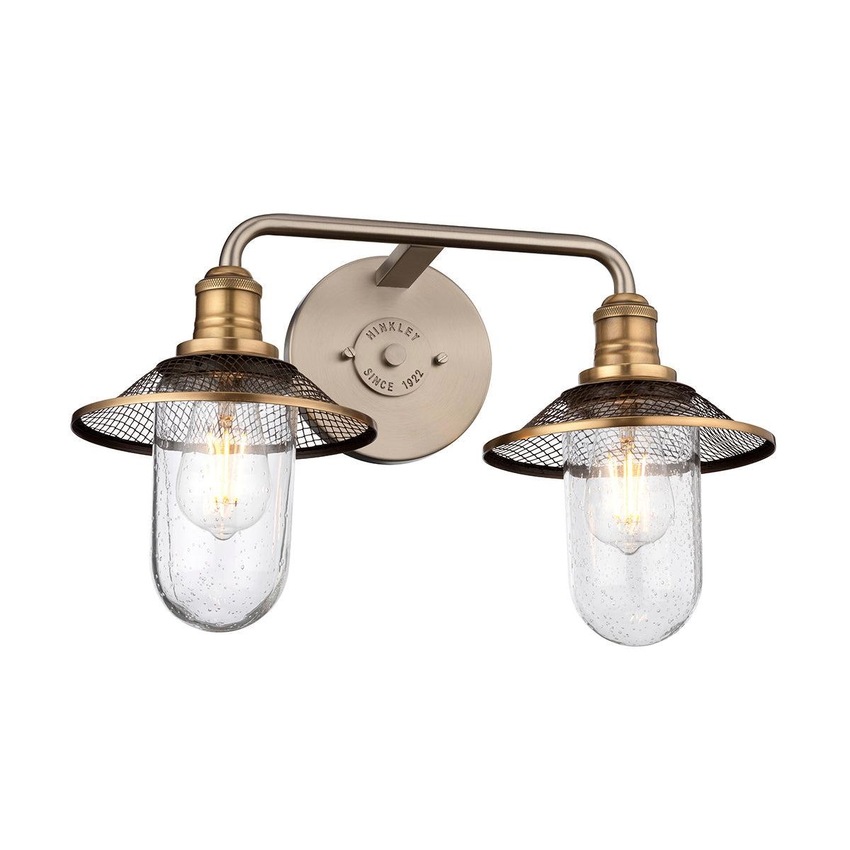 Photograph: Quintiesse Rigby 2 Light Industrial Bathroom Wall Light In Antique Nickel & Hertiage Brass Complete With Seeded Clear Glass - IP44 - QN-RIGBY2-BATH-AN