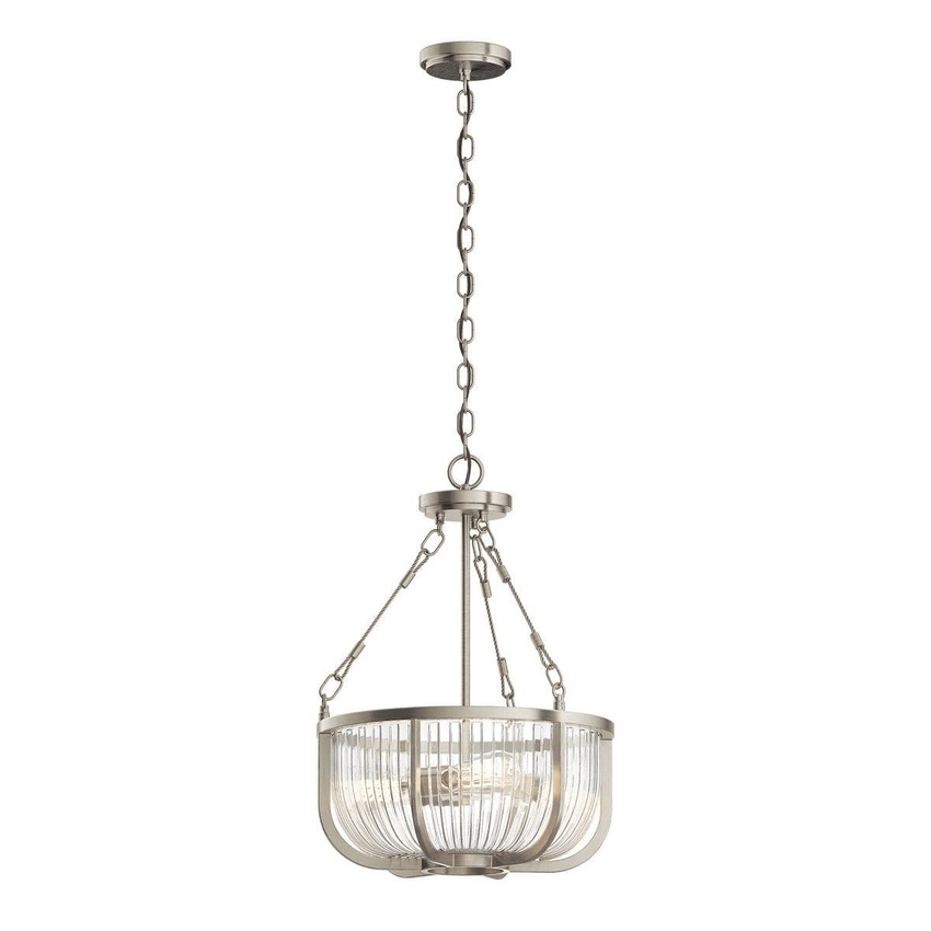 Photograph: Quintiesse Roux 3 Light Pendant/Semi-Flush In Brushed Nickel Complete With Clear Ribbed Glass - QN-ROUX3-BN