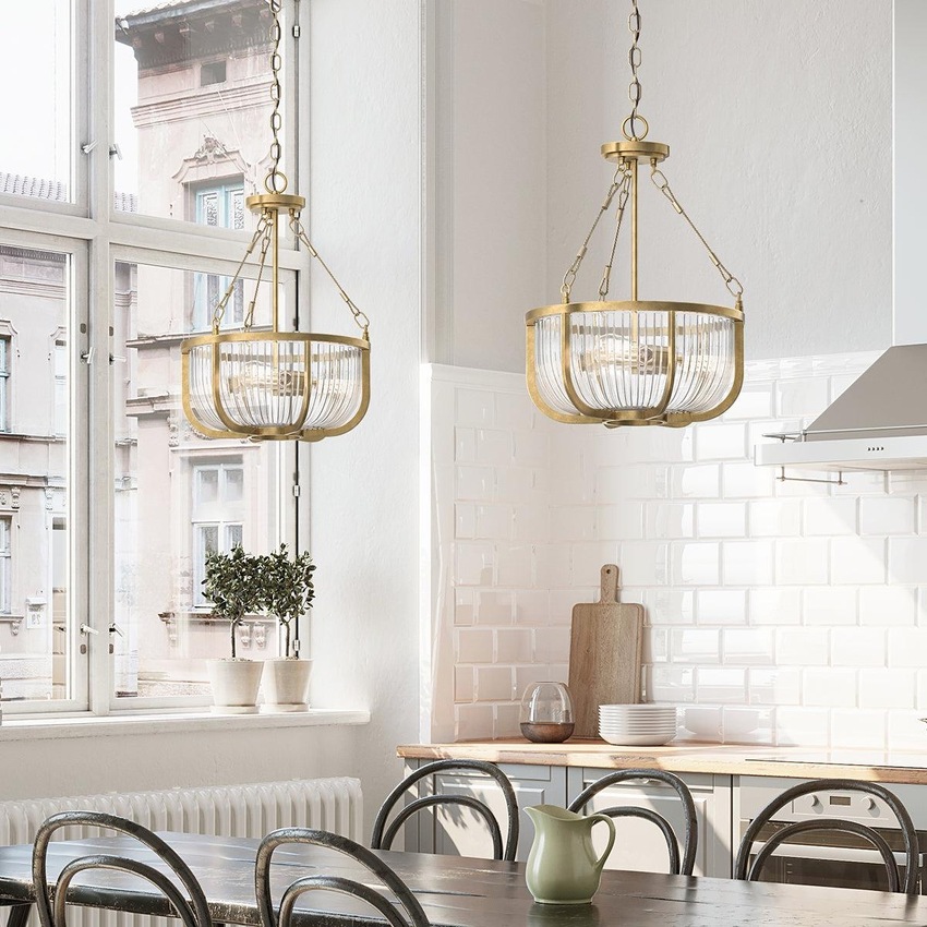 Photograph: Quintiesse Roux 3 Light Pendant/Semi-Flush In Natural Brass Finish Complete With Clear Ribbed Glass - QN-ROUX3-NBR