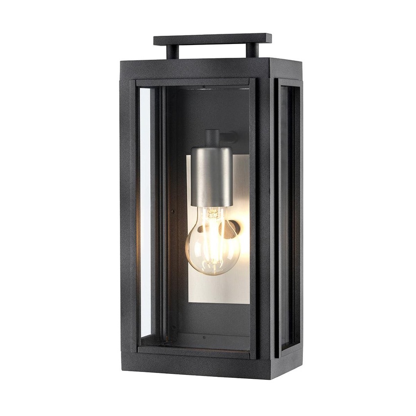 Photograph: Quintiesse Sutcliffe 1 Light Wall Lantern In Aged Zinc Complete With Antique Nickel Detailing and Clear Glass - IP44 - QN-SUTCLIFFE-S-AZ