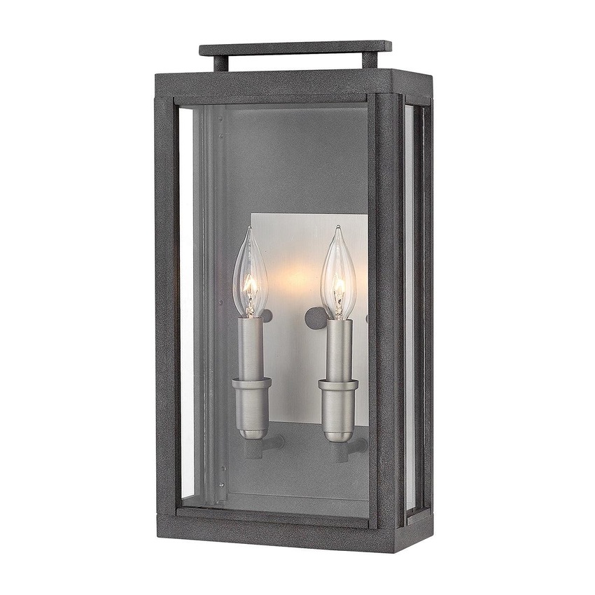 Photograph: Quintiesse Sutcliffe 2 Light Wall Lantern In Aged Zinc Complete With Antique Nickel Detailing and Clear Glass - IP44 - QN-SUTCLIFFE-M-AZ