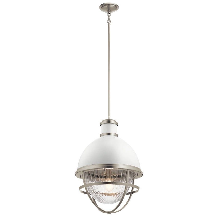 Photograph: Quintiesse Tollis 1 Light Pendant In Brushed Nickel And White Complete With Clear Ribbed Glass - QN-TOLLIS-P-BN