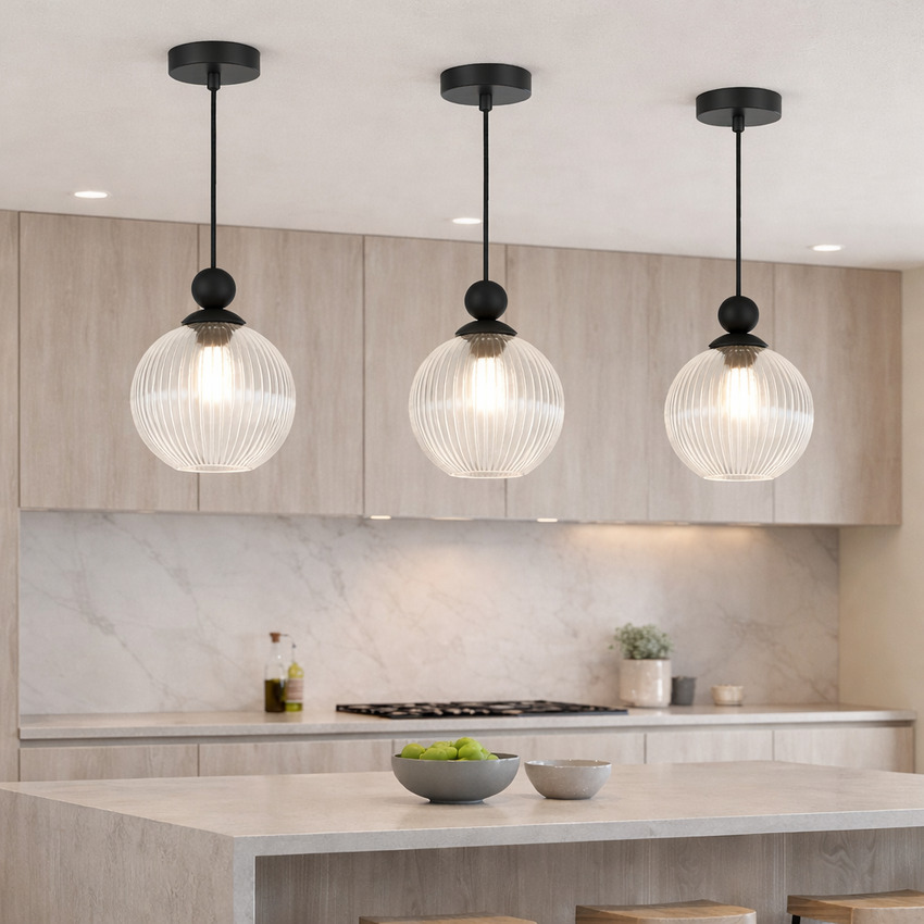 Photograph: Romac Single Pendant Light Black With 25cm Clear Ribbed Glass Globe - Mix & Match