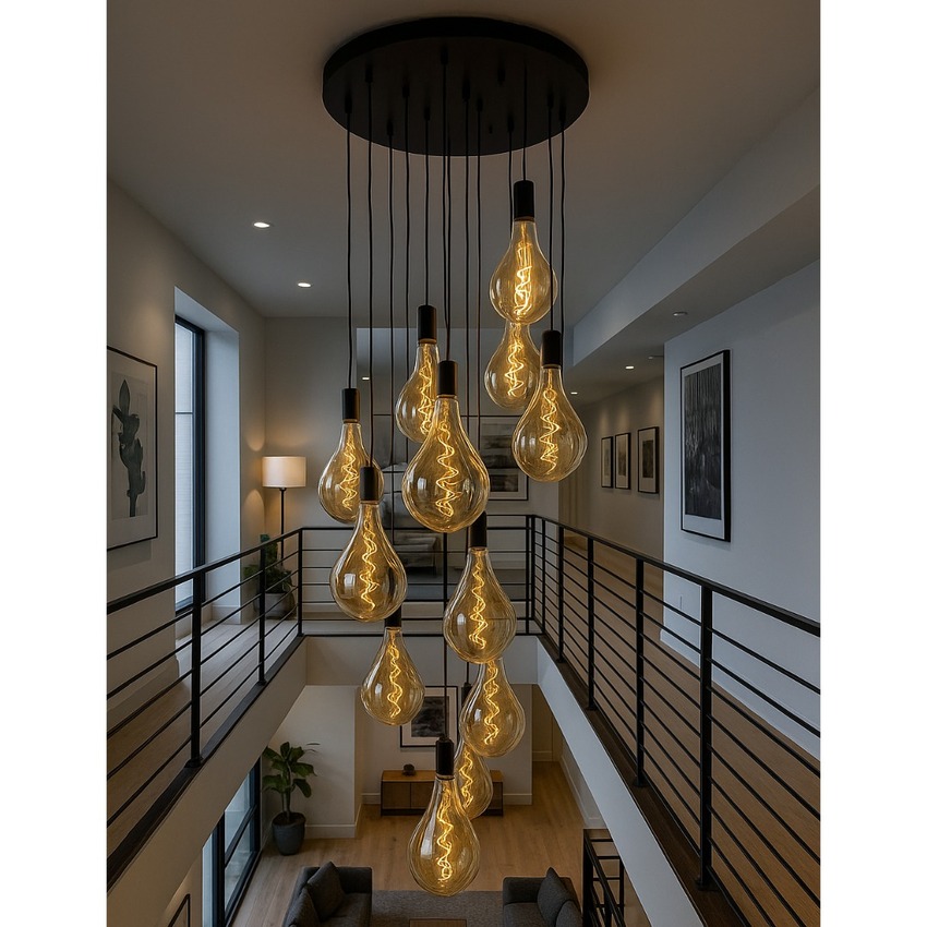 Photograph: Stylish Lighting 12 Light Cluster Pendant Matt Black With Amber Spiral Filament Glass Bulbs