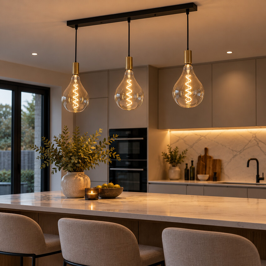Photograph: Stylish Lighting Spiral Black And Gold 3 Light Linear Island Pendant Light Complete With Amber Spiral Vintage Lamps