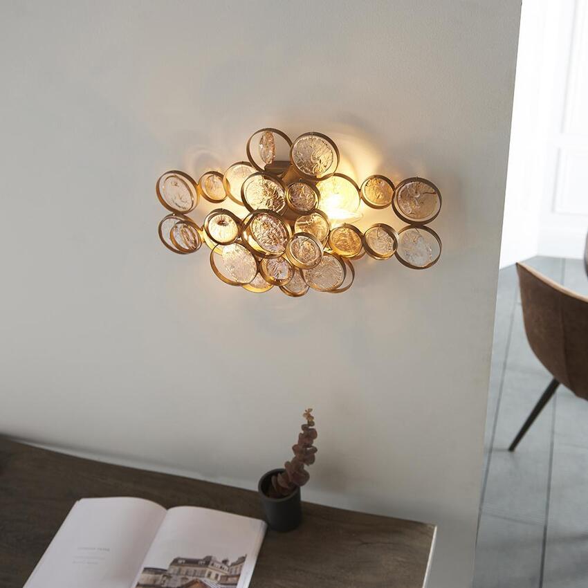 Photograph: Thorlight Amos Antique Gold Finish 2 Light Wall Light Complete With Clear & Amber Glass Medallions