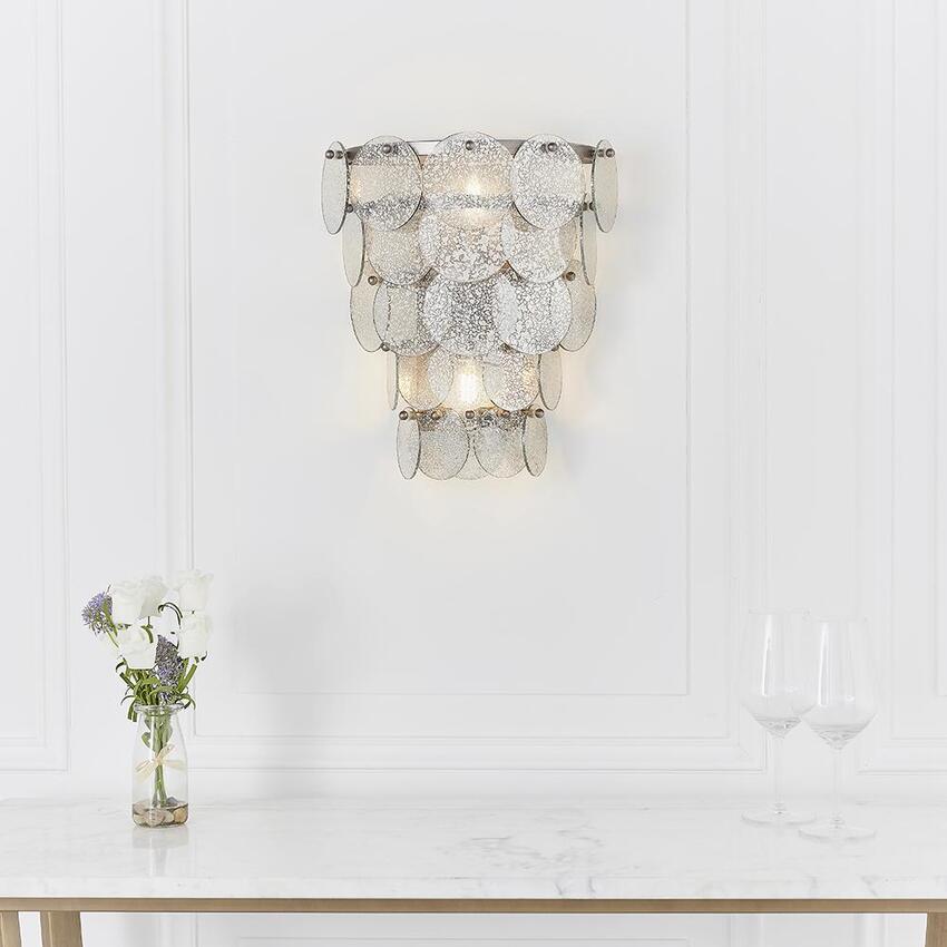 Photograph: Thorlight Astrid Antique Silver Finish 2 Light Wall Light Complete With Mercury Glass Ornate Suspended Discs