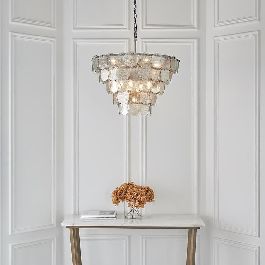 Photograph: Thorlight Astrid Antique Silver Finish 9 Light Pendant Complete With Mercury Glass Ornate Suspended Discs