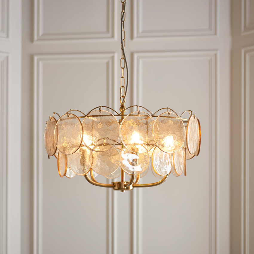 Photograph: Thorlight Buxton Brushed Aged Brass 5 Light Pendant Light Complete With Handmade Champagne Glass Discs