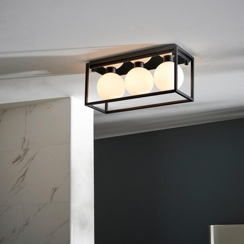 Photograph: Thorlight Delphi 3 Light Rectangular Flush Bathroom Ceiling Light In Matt Black With Opal Glass Globes - IP44