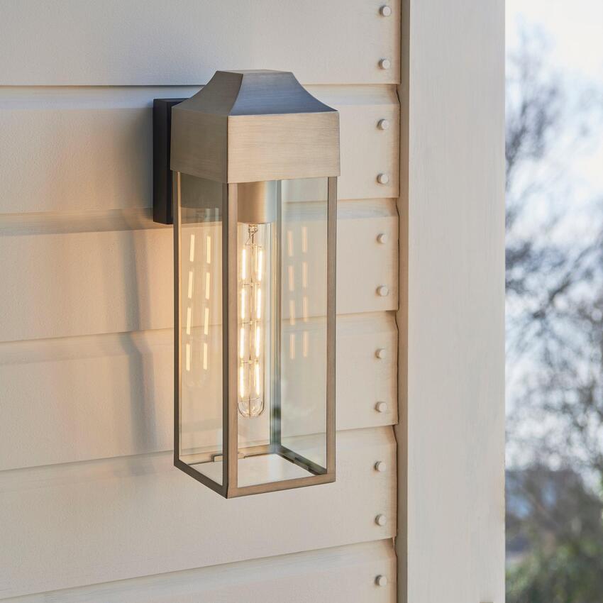 Photograph: Thorlight Geneina Brushed Silver Exterior Wall Light With Clear Glass Panels