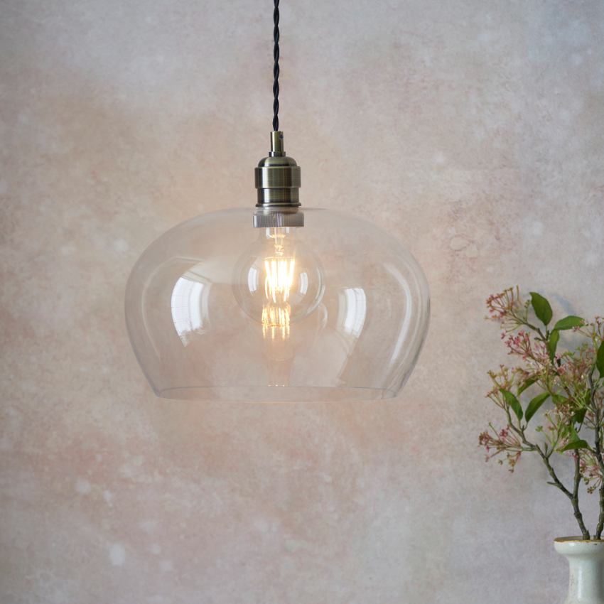 Photograph: Thorlight Graydon Antique Brass Round Single Pendant Light Complete With Clear Glass