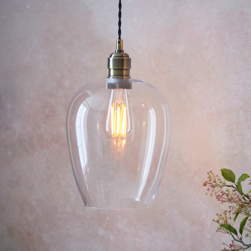 Photograph: Thorlight Graydon Antique Brass Slim Single Pendant Light Complete With Clear Glass