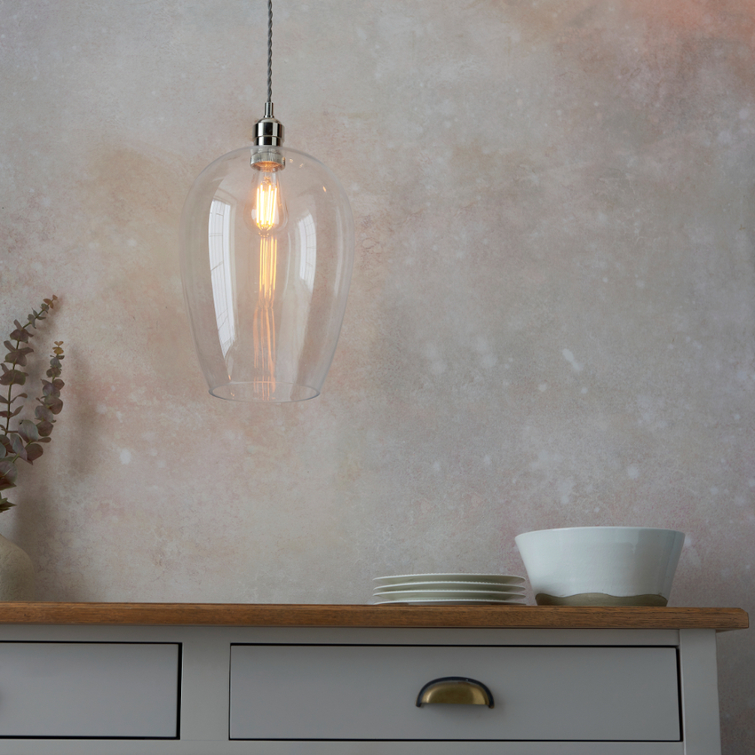 Photograph: Thorlight Graydon Large Polished Nickel Single Pendant Light Complete With Clear Glass