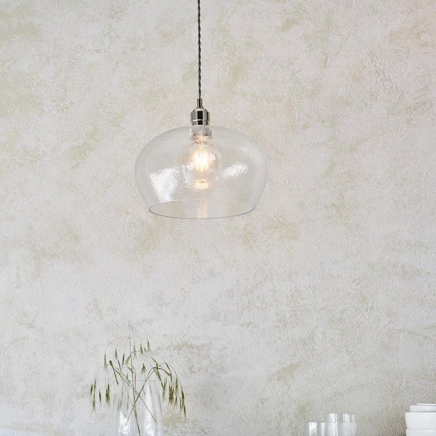 Photograph: Thorlight Graydon Polished Nickel Round Single Pendant Light Complete With Clear Hammered Textured Glass