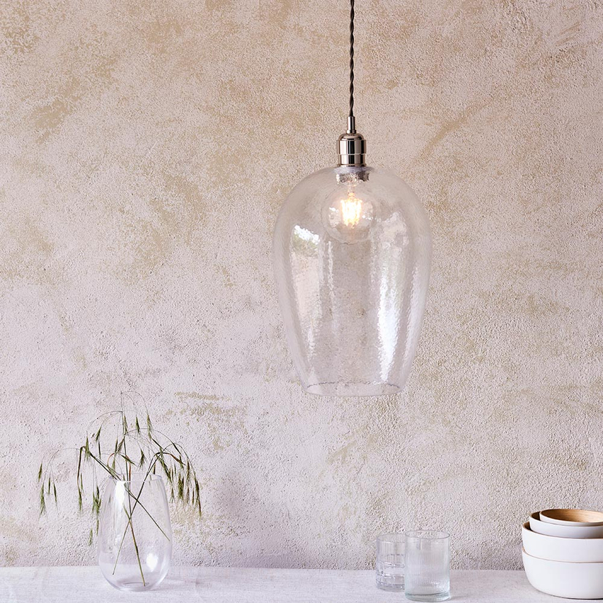Photograph: Thorlight Graydon Polished Nickel Single Pendant Light Complete With Clear Hammered Textured Glass