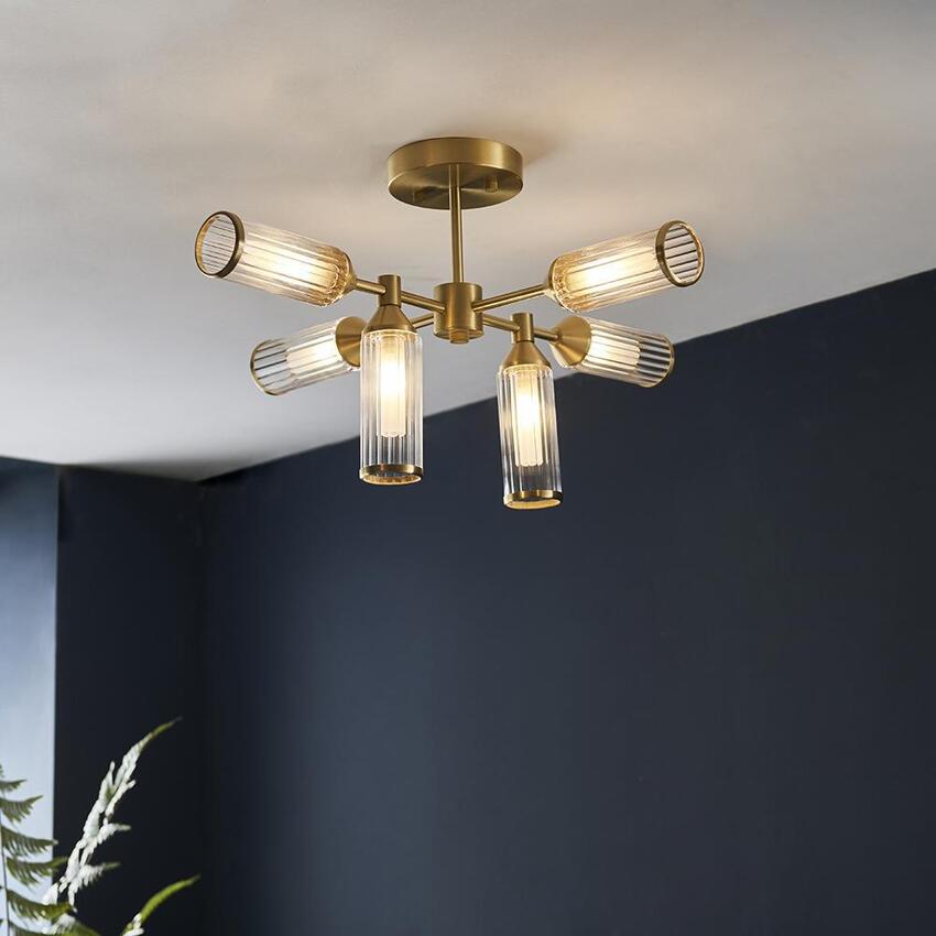 Photograph: Thorlight Kinley Satin Brass 6 Light Semi Flush Ceiling Light Complete With Clear & Frosted Ribbed Glass Shades