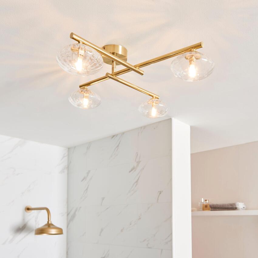 Photograph: Thorlight Lux 4 Light Flush Bathroom Ceiling Light In Satin Brass With Clear Ribbed Glass Shades - IP44