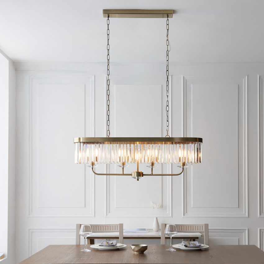 Photograph: Thorlight Melia Antique Brass Linear Glass Ceiling Island Pendant Light