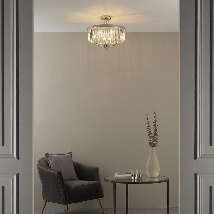 Photograph: Thorlight Melia Polished Nickel Finish 3 Light Semi Flush Ceiling Light Complete With Clear Cut Faceted Glass Drops