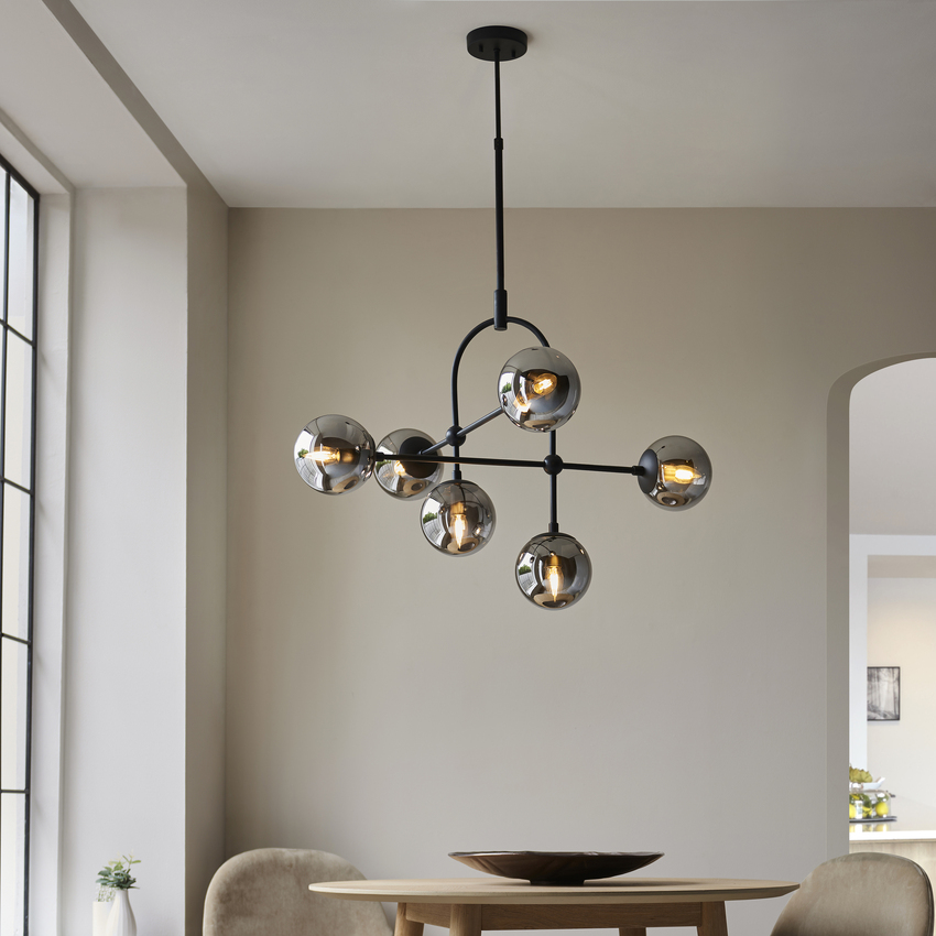 Photograph: Thorlight Merlin 6 Light Pendant Black With Smoked Glass Globes