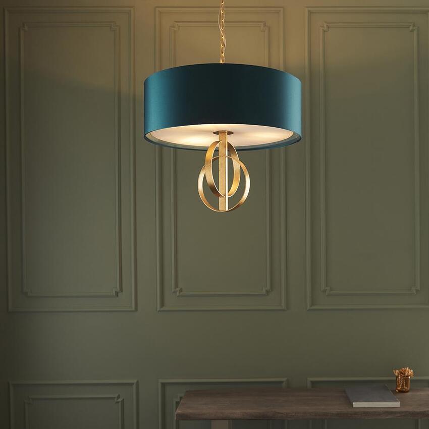 Photograph: Thorlight Noor Antique Gold Leaf 3 Light Pendant Complete With Satin Teal Fabric Shade & Vintage White Diffuser