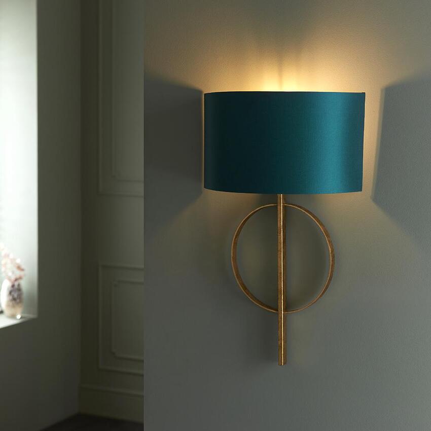 Photograph: Thorlight Noor Antique Gold Leaf Single Wall Light Complete With Satin Teal Fabric Shade